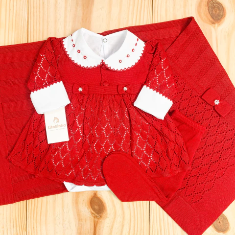 Saída maternidade tricot 4 peças vermelha 2 laços