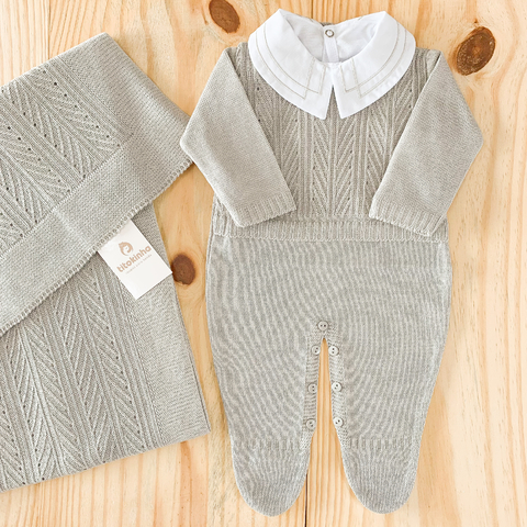 Saída maternidade tricot 3 peças colete suéter cinza