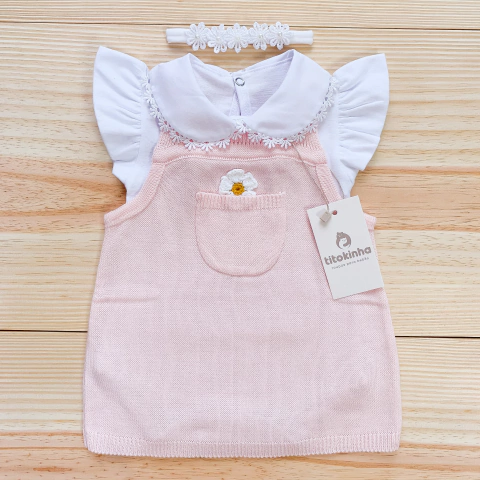 Vestido margarida tricot rosa bebê + body guippir + faixinha