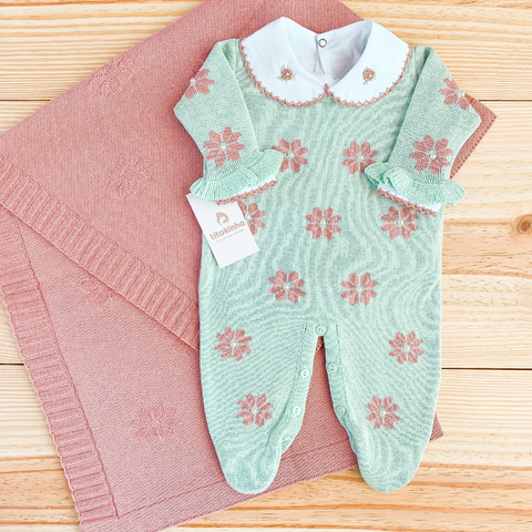 Saída maternidade tricot 3 peças margaridas rose e verde água