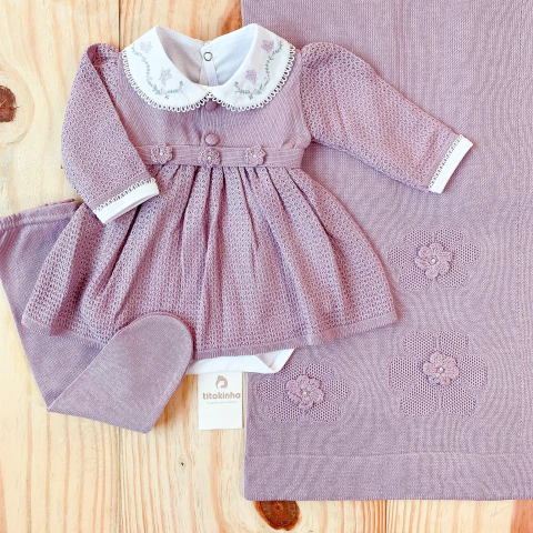Saída maternidade tricot 4 peças vestido três flores lilás