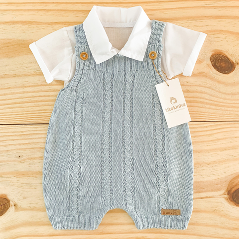 Macacão jardineira azul bebê + body camisa