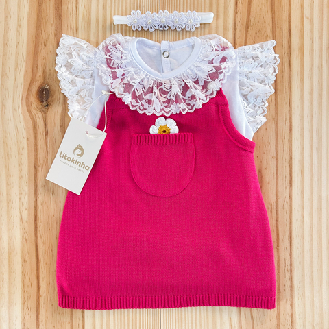Vestido margarida tricot pink + body rendado + faixinha