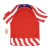Camisa Titular Atlético de Madrid Nike 2022-2023 inspirada no rio Manzanares, com listras vermelhas e brancas, escudo Atleti no lado esquerdo e Swoosh Nike azul royal no lado direito.