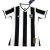 Camisa feminina titular do Botafogo 2024/2025. Listrada em preto e branco, textura de tricô, gola V branca com detalhes pretos, escudo em TPU no peito esquerdo e logo Reebok em branco no direito.