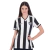 Camisa feminina titular do Botafogo 2024/2025. Listrada em preto e branco, textura de tricô, gola V branca com detalhes pretos, escudo em TPU no peito esquerdo e logo Reebok em branco no direito.