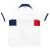 Camisa Reserva PSG Nike 2023-2024 em branco com faixa horizontal degradê do vermelho ao azul marinho, gola redonda, mangas e punhos em cores contrastantes. Escudo PSG, logo Nike e Qatar Airways em destaque.