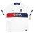 Camisa Reserva PSG Nike 2023-2024 em branco com faixa horizontal degradê do vermelho ao azul marinho, gola redonda, mangas e punhos em cores contrastantes. Escudo PSG, logo Nike e Qatar Airways em destaque.