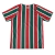 Camisa Titular do Fluminense Umbro 2024-2025. Camisa listrada em verde, branco e grená com gola V, mangas com listras e grafismo em Art Déco, escudo do Fluminense no lado esquerdo do peito, logo da Umbro no lado direito e patrocínio da Betano no centro.
