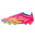 Imagem da chuteira Adidas F50 Elite FG do Mystic Victory Pack, nas cores rosa, verde e azul. Com a tecnologia Sprintframe 360 soleplate e Fibertouch upper, oferece aceleração e controle excepcionais. A texturização Sprintweb 3D proporciona maior precisão 