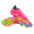 Imagem da chuteira Adidas F50 Elite FG Plus Mystic Victory nas cores rosa, verde e azul, com a tecnologia Sprintframe 360+, Lightstrike Pro e Fibertouch upper. Modelo sem cadarços, com colinho Primeknit integrado, ideal para quem busca alta performance e 