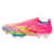 Imagem da chuteira Adidas F50 Elite FG Plus Mystic Victory nas cores rosa, verde e azul, com a tecnologia Sprintframe 360+, Lightstrike Pro e Fibertouch upper. Modelo sem cadarços, com colinho Primeknit integrado, ideal para quem busca alta performance e 