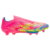 Imagem da chuteira Adidas F50 Elite FG Plus Mystic Victory nas cores rosa, verde e azul, com a tecnologia Sprintframe 360+, Lightstrike Pro e Fibertouch upper. Modelo sem cadarços, com colinho Primeknit integrado, ideal para quem busca alta performance e 