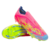 Imagem da chuteira Adidas F50 Elite Laceless FG do Mystic Victory Pack, nas cores rosa, verde e azul. Com a nova Sprintframe 360 soleplate, oferece aceleração rápida e cortes decisivos. O upper Fibertouch e a texturização Sprintweb 3D garantem precisão e 