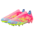 Imagem da chuteira Adidas F50 Elite Laceless FG do Mystic Victory Pack, nas cores rosa, verde e azul. Com a nova Sprintframe 360 soleplate, oferece aceleração rápida e cortes decisivos. O upper Fibertouch e a texturização Sprintweb 3D garantem precisão e 