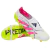 Chuteira Adidas Predator 24 Foldover Tongue FG nas cores branca, verde fluorescente e rosa, destacando seu design moderno e tecnologia avançada.