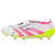 Chuteira Adidas Predator 24 Foldover Tongue FG nas cores branca, verde fluorescente e rosa, destacando seu design moderno e tecnologia avançada.