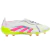 Chuteira Adidas Predator 24 Foldover Tongue FG nas cores branca, verde fluorescente e rosa, destacando seu design moderno e tecnologia avançada.