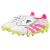 Chuteira Adidas Predator 24 Foldover Tongue FG nas cores branca, verde fluorescente e rosa, destacando seu design moderno e tecnologia avançada.