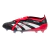 Chuteira de campo Adidas Predator 24 FG Moments edição limitada, cor preta, vermelha e branca, com logo original Predator, cabedal HybridTouch, Strikeskin rubber fins para maior controle de bola, solado ControlFrame 2.0 para tração, língua dobrável com re