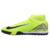 Chuteira Nike Zoom Mercurial Superfly 10 Academy TF Mad Voltage em verde fluorescente com detalhes pretos. Apresenta logo AIR prata metálica no calcanhar e Swooshes pretos icônicos da Nike. Projetada para jogadores velozes, com cabedal NikeSkin e solado d