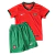 Conjunto Infantil Titular da Seleção Portuguesa Nike 2024-2025. Camisa vermelha com gola preta e verde, calção verde e escudo da FPF. Inspirada na bandeira portuguesa. Vista frontal de um menino vestindo o conjunto completo, em pose de comemoração.