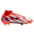 Chuteira Nike Mercurial Superfly 8 Elite FG CR7 Spark Positivity em vermelho, preto e branco. A chuteira apresenta um design Flyknit envolvente para um ajuste semelhante a uma meia, material NikeSkin ultrafino para toque preciso em todas as condições, pla