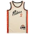 Regata Detroit Pistons City Edition 2024-25 da Nike. Com cores bege, preta e laranja, homenageia os lendários "Bad Boys". Destaque para o logo dos Pistons, faixa lateral "89-90" e assinatura de Chuck Daly na etiqueta interna.