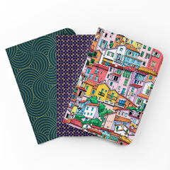 Cadernos Pattern Kit com 3 unidades - Capa Flexivel com Toque Aveludado, 80 Páginas, 20x14cm