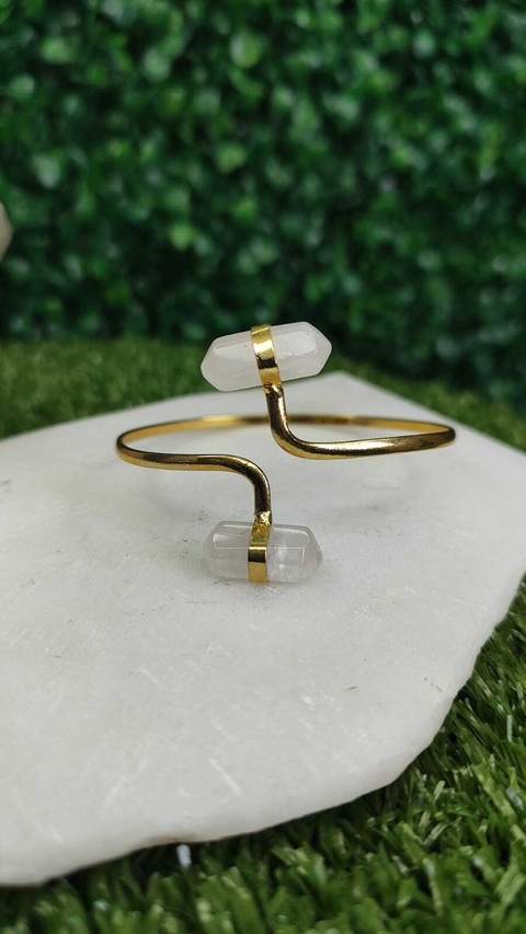 BRACELETE PONTA BITERMINADA DUPLA QUARTZO ROSA BANHO DOURADO - AMOR E HARMONIA