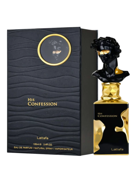 Frasco de perfume "His Confession" de Lattafa, con diseño elegante en color negro y dorado, acompañado de su caja decorativa.