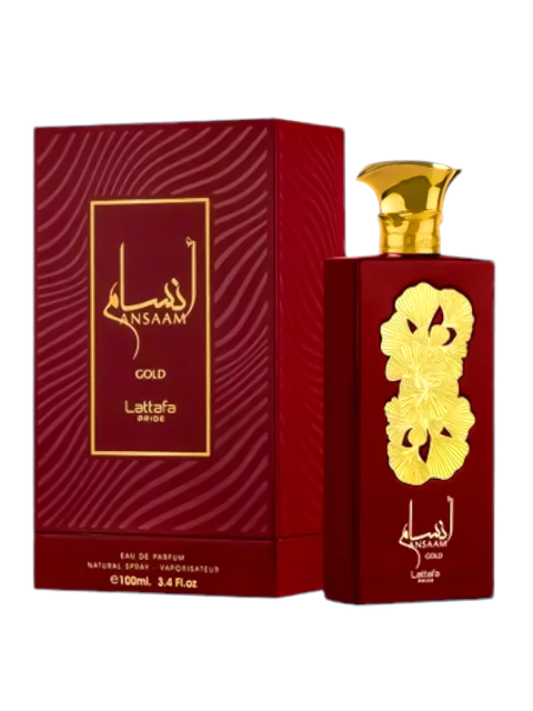 Frasco de perfume Lattafa Pride Ansaam Gold con caja roja y detalles dorados.
