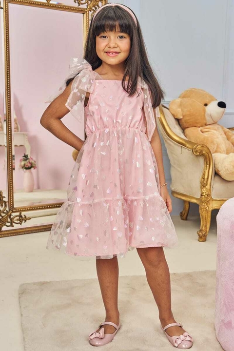 Vestido Kukiê Rosa Tule Corações