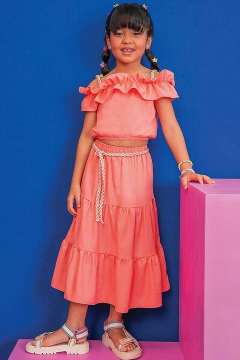 Conjunto Kukiê Blusa Boxy e Saia Midi Laranja