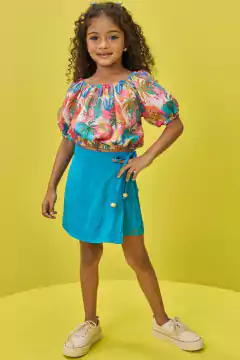 Conjunto Infanti Blusa Colorida e Short Saia Azul