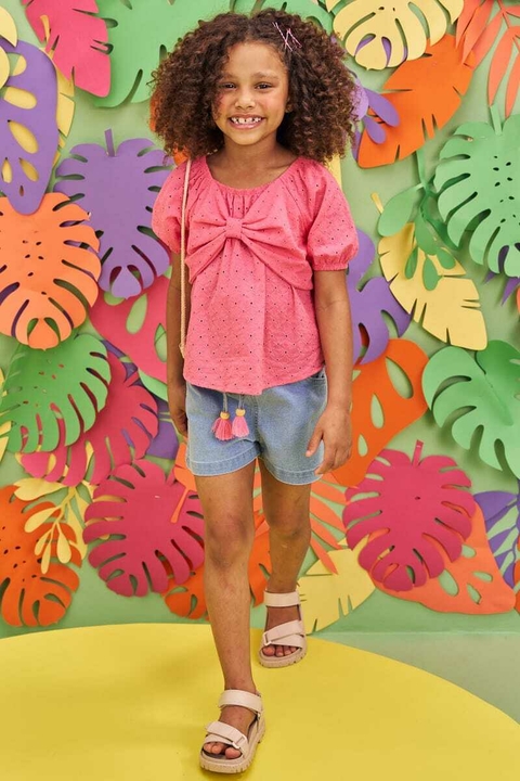 Conjunto Infanti Bata Rosa e Short Jeans Bellini