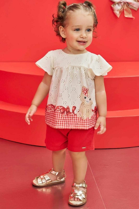 Conjunto Infanti Bata Branca com Gatinho e Short Vermelho