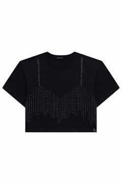 Camiseta Vic&Vicky Boxy Over Preta com Strass na internet
