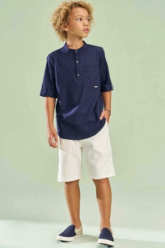 Conjunto John Fox Bata Azul Marinho Bermuda Alfaitaria Linen Fio Tinto