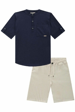 Conjunto John Fox Bata Azul Marinho Bermuda Alfaitaria Linen Fio Tinto na internet