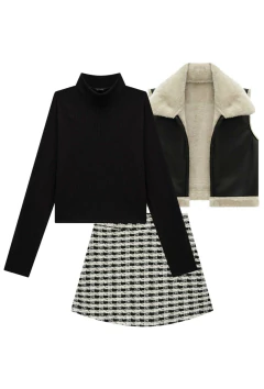 Trio de Blusa Vic&vicky Fancy Colete Cropped em Pelo e Saia - Amora