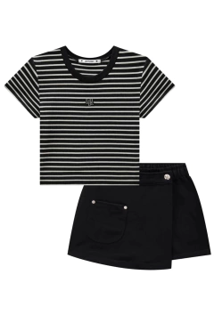 Conjunto Lilimoon de Blusa Cropped em Canelado Stripes e Short Saia em Moletom - Amora