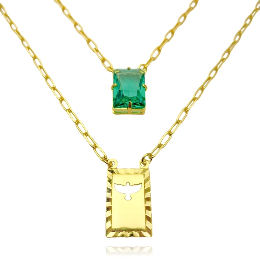 Escapulário Espírito Santo e Retângulo Zircônia Zircônia Verde 2mm Longa (Banho Ouro 24k)