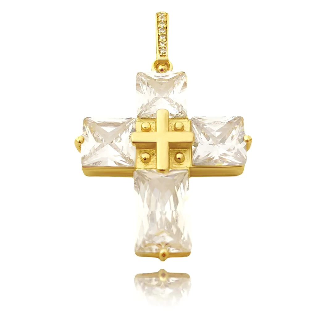 Pingente Cruz Com Pedras Quadradas (8g) (3,3cmX2,6cm) (Banho Ouro 24k)
