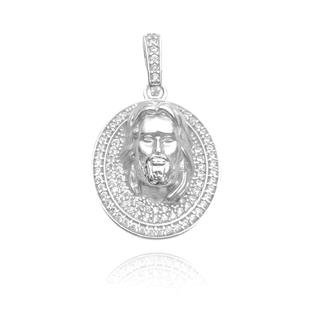 Pingente Medalha Face de Cristo Cravejada (8,1g) (Banho Prata 925)