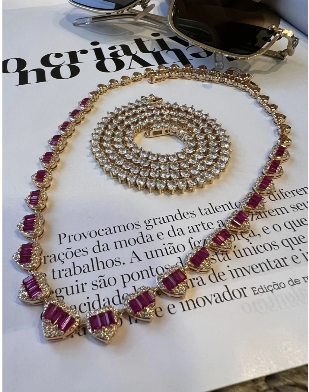 Riviera com Coração Cristal e Pink e Coração Liso(Fecho Joia) em Banho de Ouro