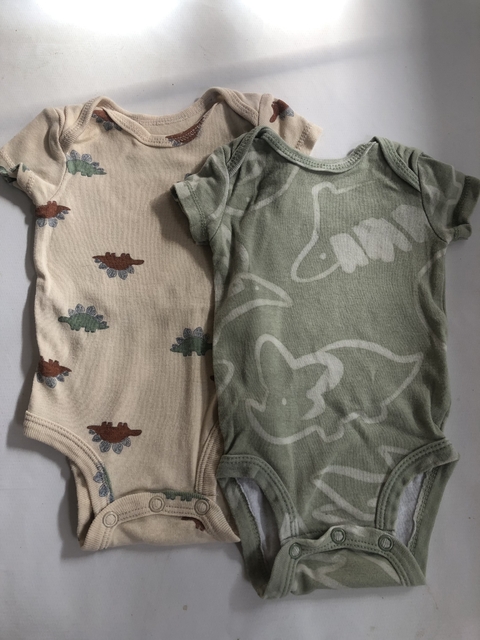 RN | Set- Dos bodys MC verde y beige con dinos. CARTERS. Recién Nacido.