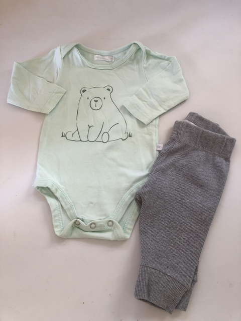 Set- Body Ml verde agua + pantalón algodon gris. CHEEKY. XS. Recién nacido.