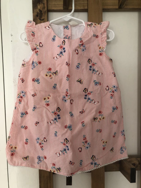 18/24M | Vestido a rayas rosa con flores y volado en manga. CHEEKY. 18/24 meses.