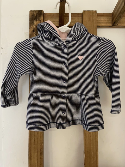 12M | Remera/saquito de algodón con botones y capucha azul a rayas. CARTERS. 12 meses.